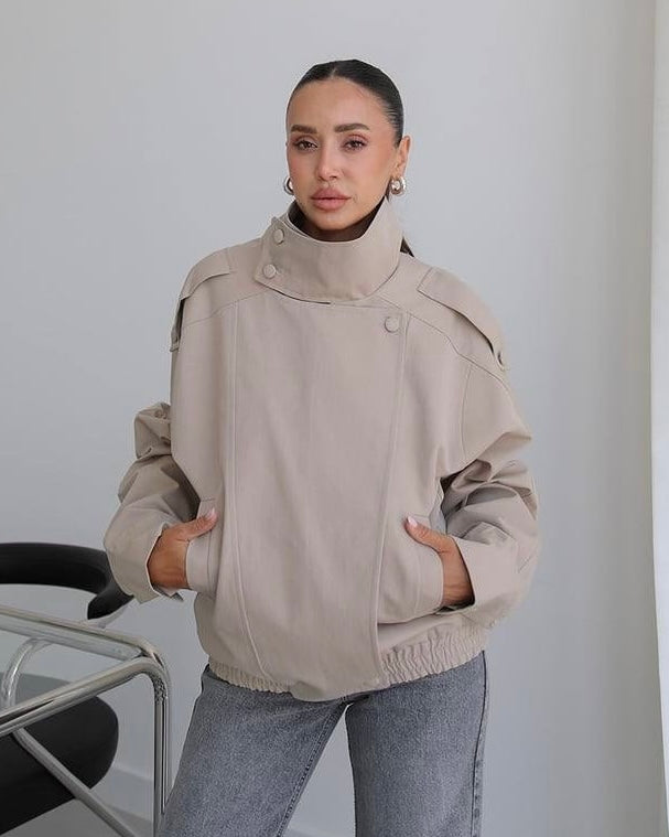Beige Oversized Jacket with High Collar | جاكيت بيج واسع بياقة عالية
