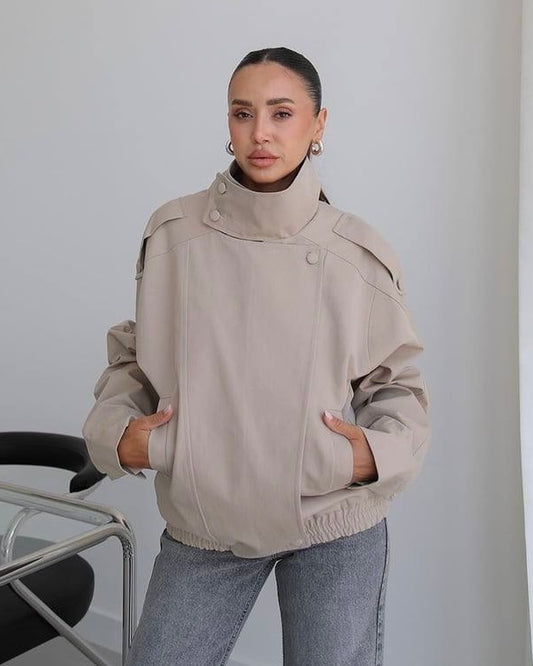 Beige Oversized Jacket with High Collar | جاكيت بيج واسع بياقة عالية