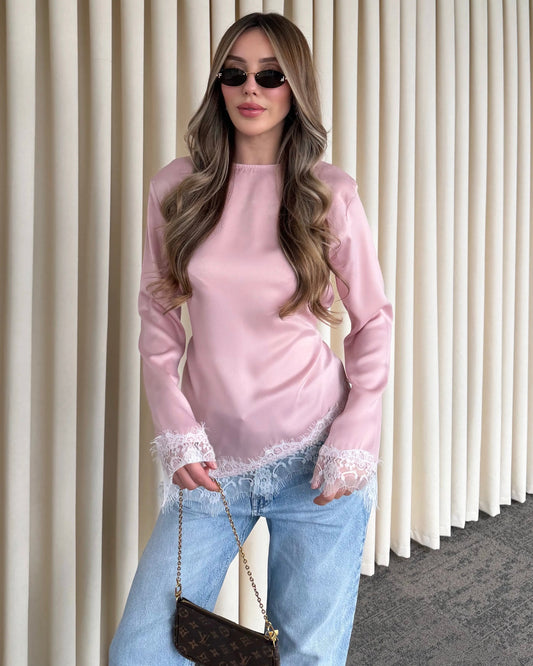 Elegant Pink Satin Blouse with Lace Trim | بلوزة ساتان زهر أنيقة بتفاصيل دانتيل