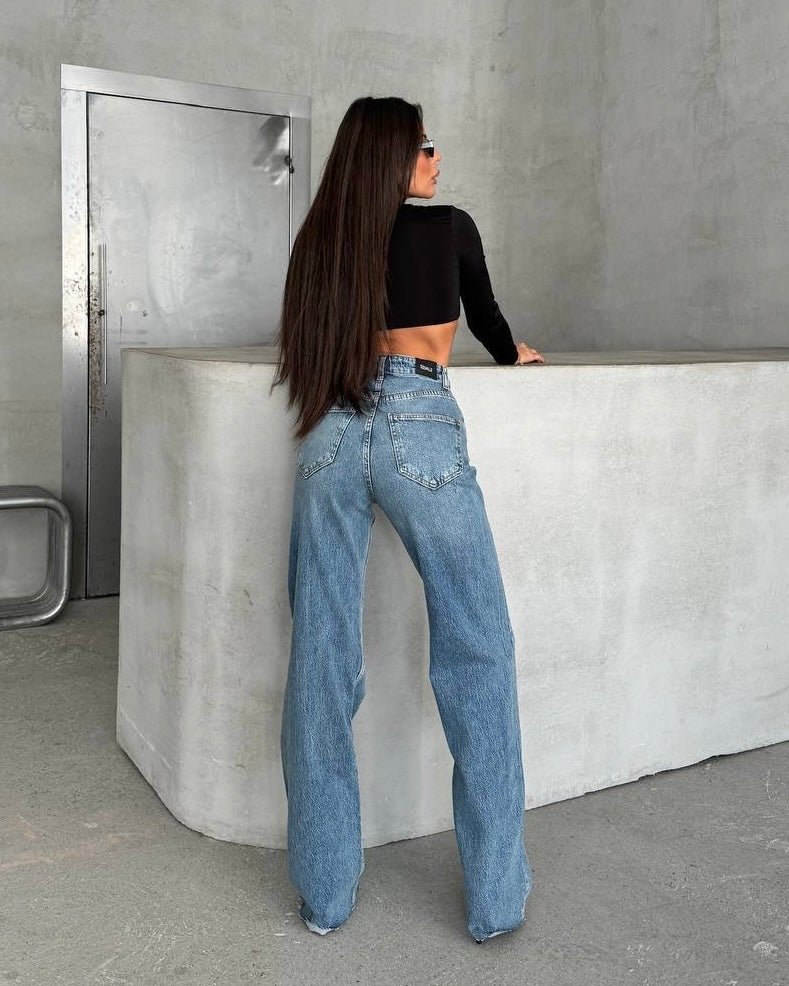 High Waisted Medium Wash Wide Leg Jeans