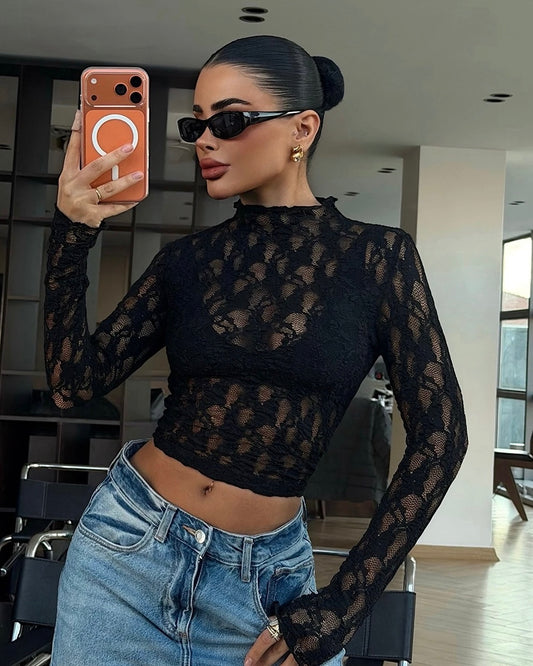 Black Lace Transparent Top | توب دانتيل شفاف باللون الاسود
