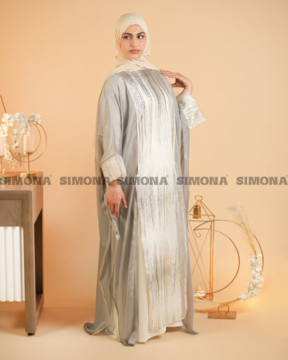 ‏Luxurious Gray Kaftan with Vertical Stripes in Silver & Gold