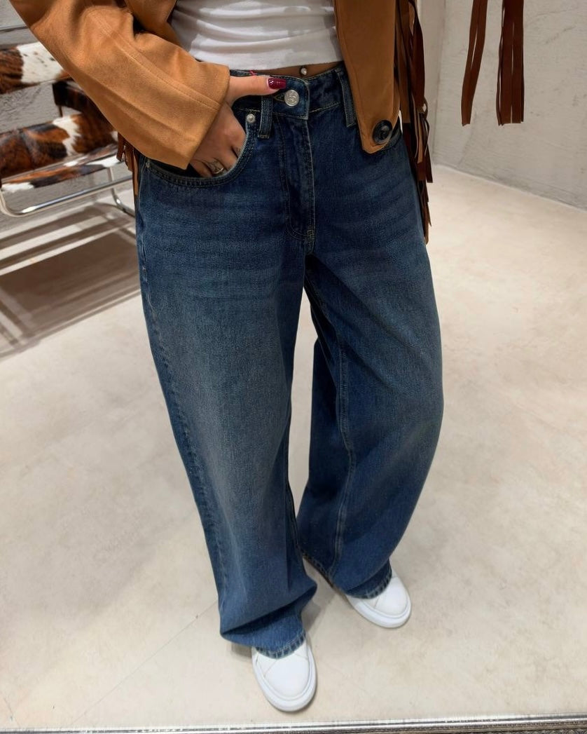 Dark Blue Washed Baggy Wide-Leg Jeans | جينز أزرق غامق كاحت بقصة باغي واسعة