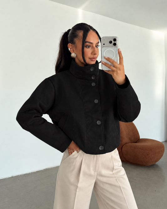 Black Suede Cropped Jacket with Stand Collar & Button Front | جاكيت شمواه قصير بياقة واقفة وأزرار أمامية