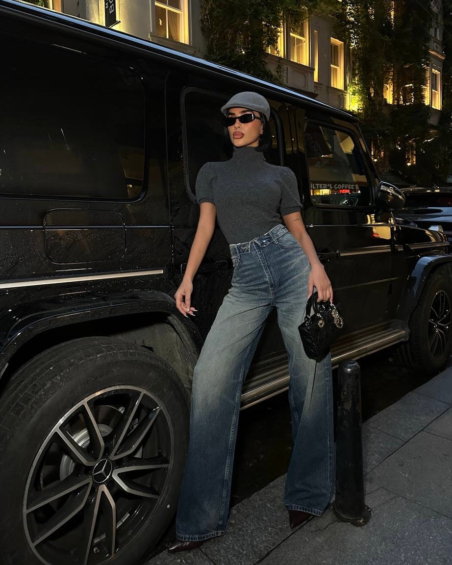 High Rise Folded Waist Jeans | جينز خصر عالي بخصر مطوي