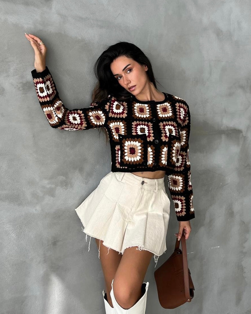 קרדיגן קצוץ בדוגמת ריבוע