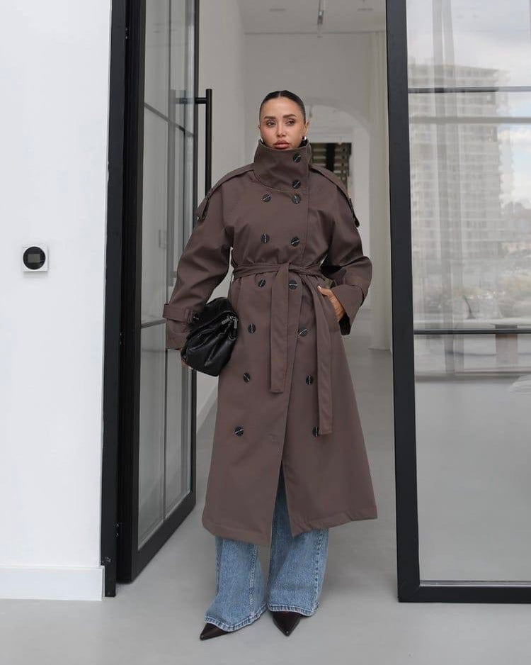 Brown Long Double-Breasted Trench Coat | ترانش كوت بني طويل وأنيق بأزرار مزدوجة