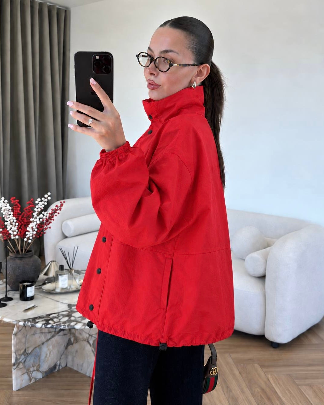 Red Oversized Windbreaker Jacket with High Neck, Elastic Cuffs | جاكيت أحمر واسع بياقة عالية وأكمام مطاطية