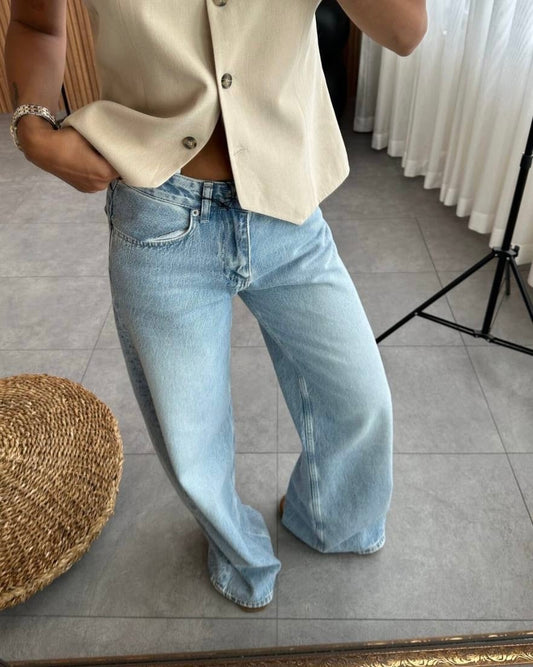 Vintage Light Blue High-Waist Wide Leg Jeans | جينز أزرق فاتح بستايل فينتج بخصر عالٍ  وأرجل واسعة