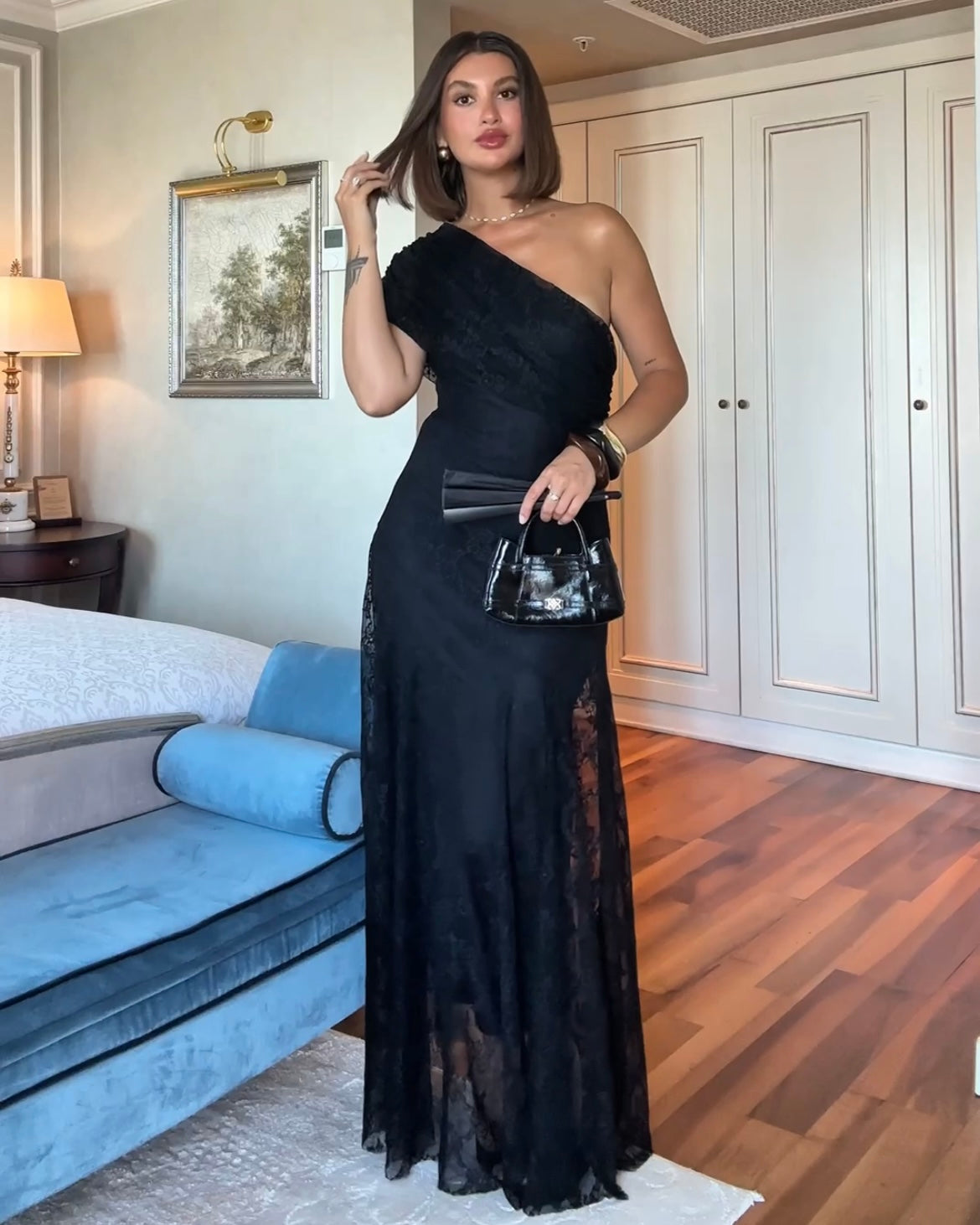 Elegant One-Shoulder Lace Maxi Dress | فستان ماكسي دانتيل بكتف واحد