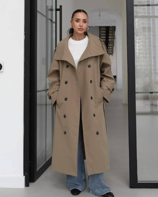 Elegant Beige Long Double-Breasted Trench Coat with Belt | ترانش كوت بيج طويل وأنيق بأزرار مزدوجة وحزام