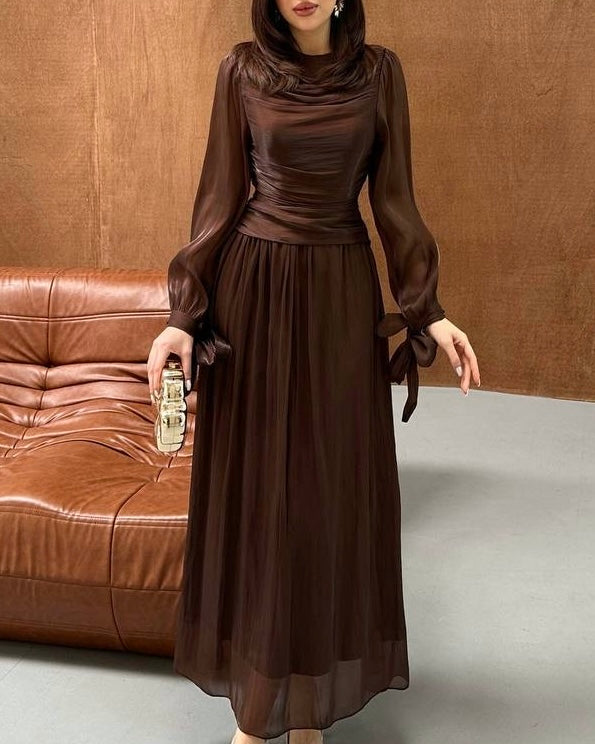 Elegant Chocolate Brown Ruched Chiffon Maxi Dress with Sheer Sleeves | فستان بني أنيق بكسرات على الخصر