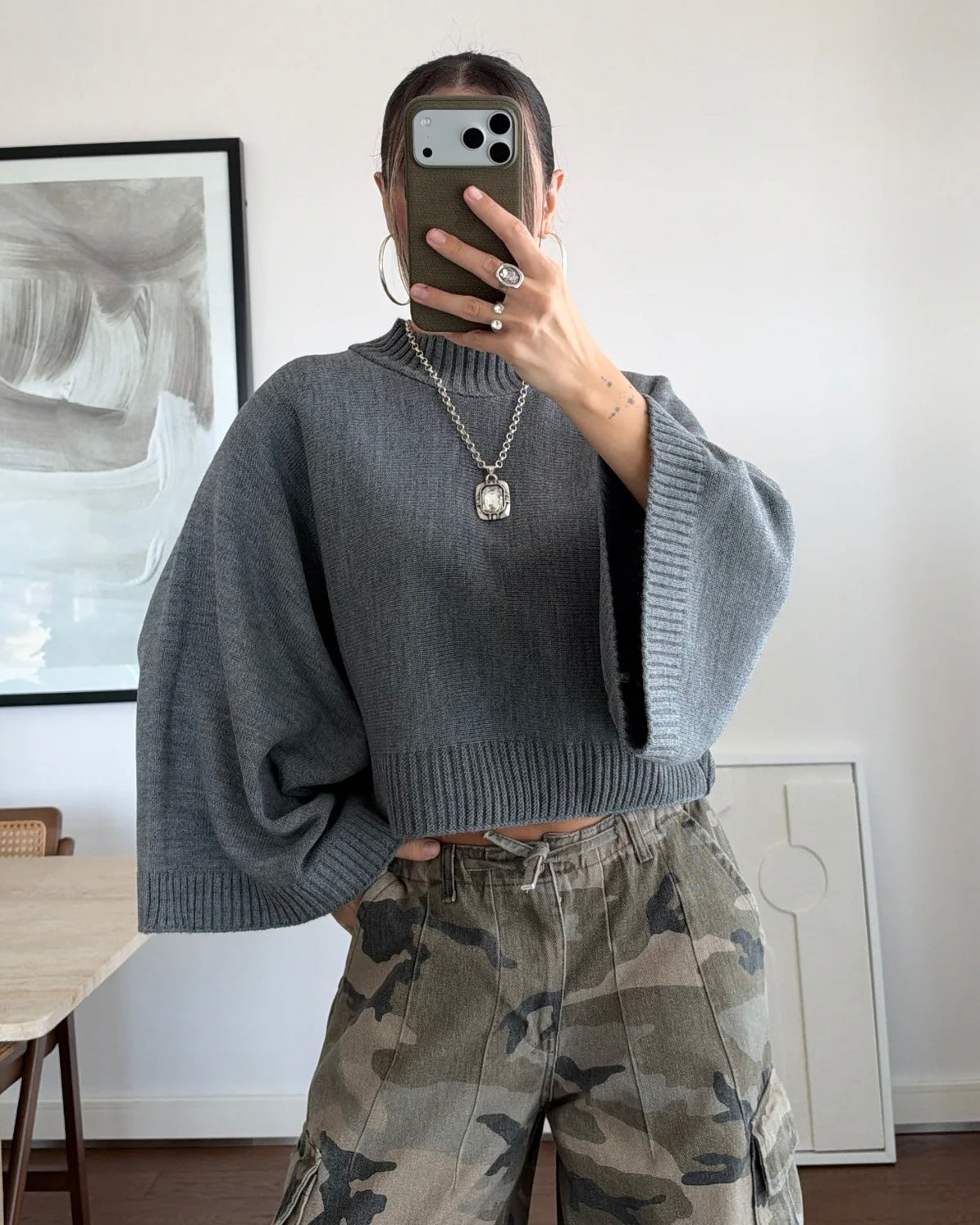 Grey Oversized Knit Mock Neck Sweater with Wide Sleeves | بلوزة رمادية بقصّة أوفرسايز وأكمام واسعة