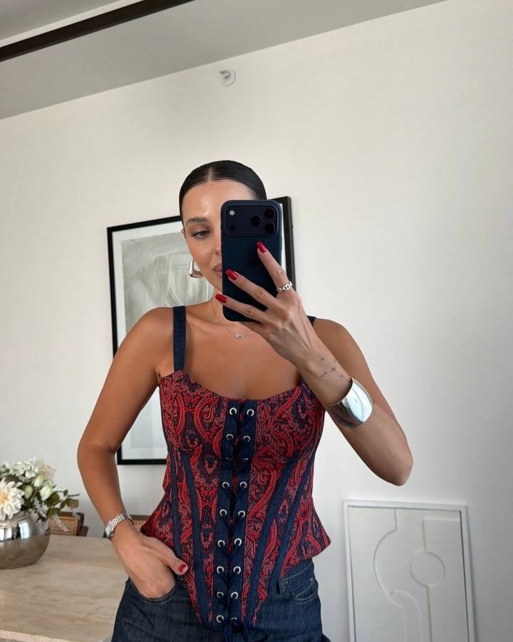 Paisley Lace-Up Corset Top | كورسيه بنقشة بيزلي ورباط أمامي