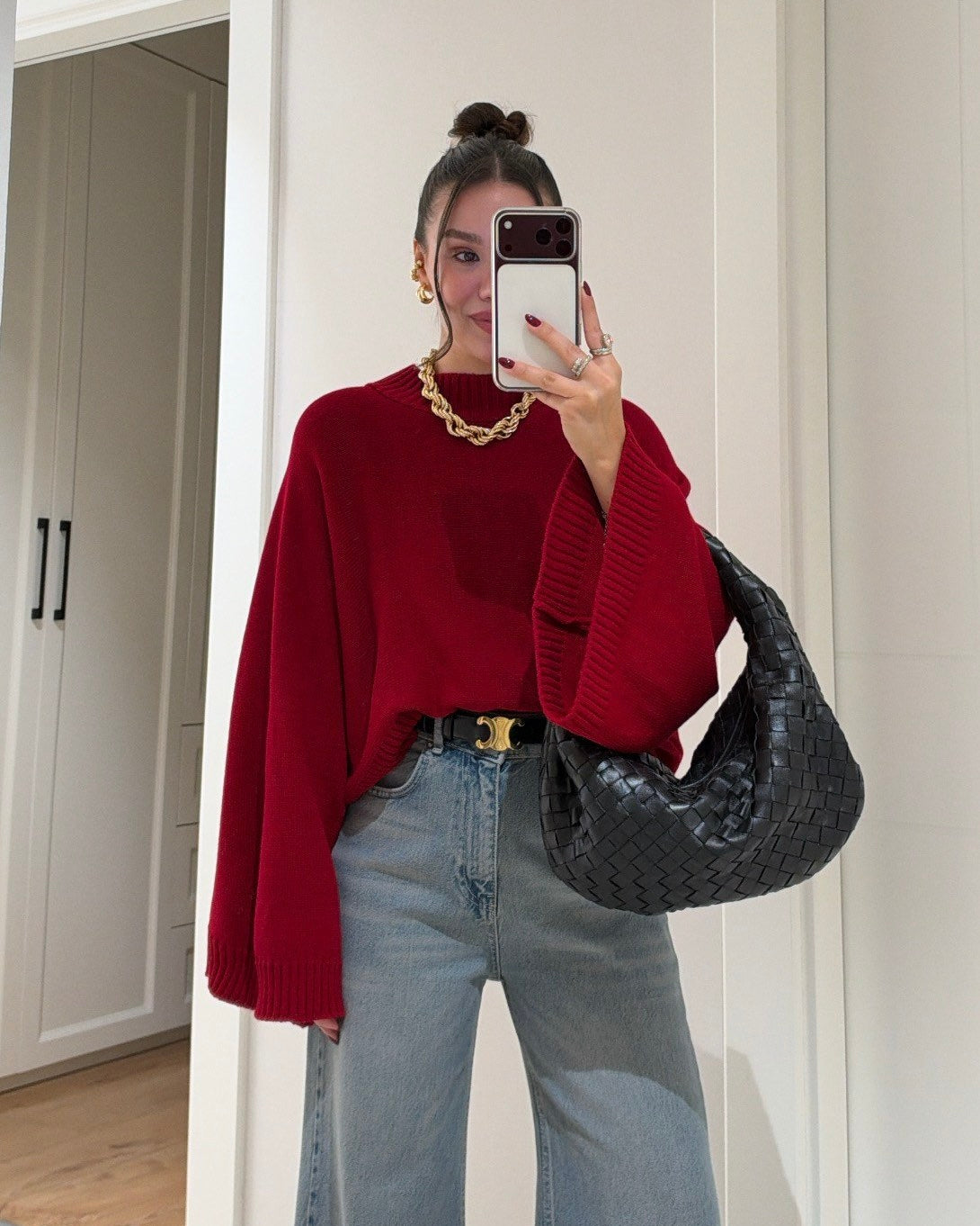 Red Oversized Knit Mock Neck Sweater with Wide Sleeves | بلوزة بقصّة أوفرسايز وأكمام واسعة