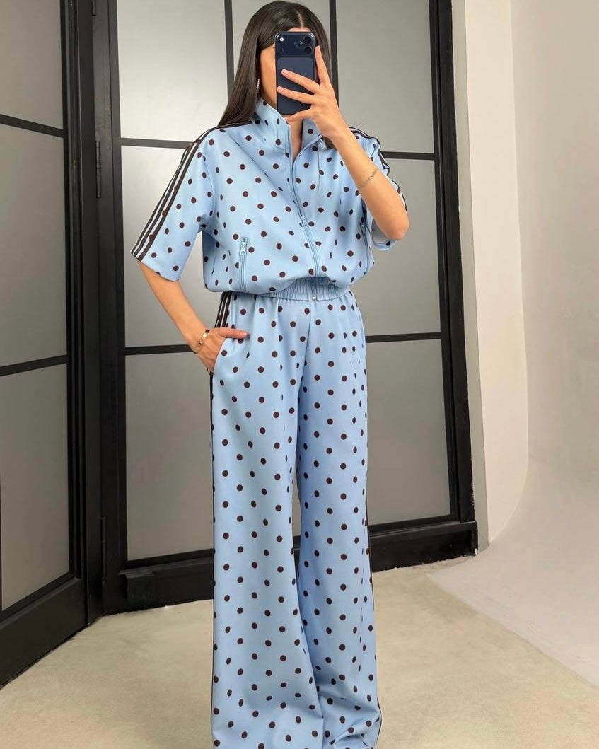Blue polka dot tracksuit|طقم رياضي أزرق منقط