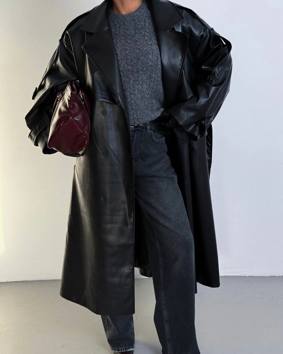 Black Leather Trench Coat | جاكيت جلد أسود ترنش