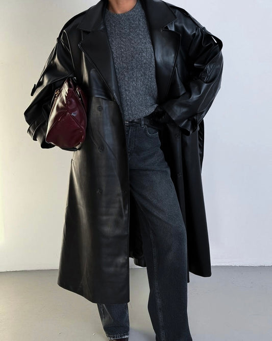 Black Leather Trench Coat | جاكيت جلد أسود ترنش