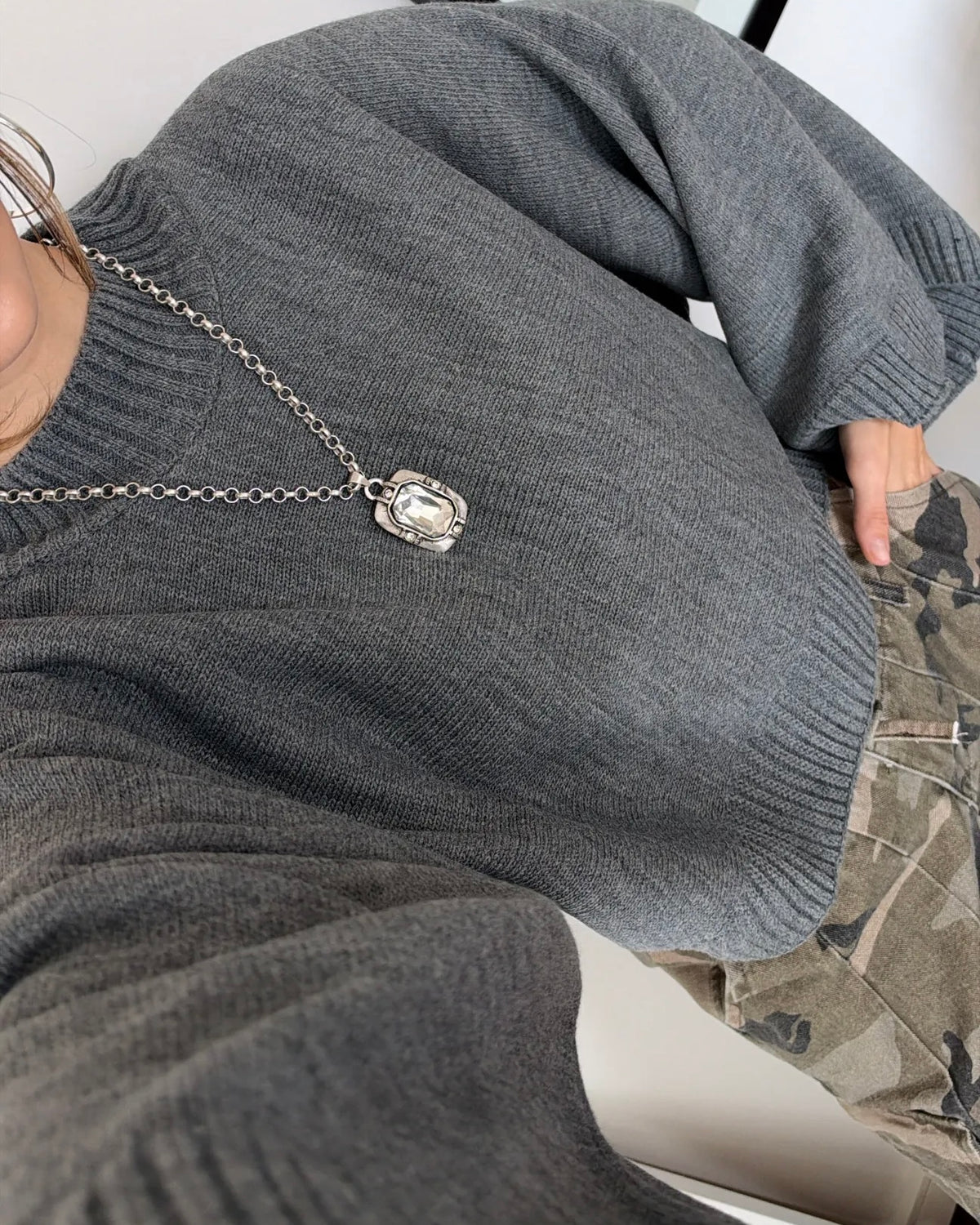 Grey Oversized Knit Mock Neck Sweater with Wide Sleeves | بلوزة رمادية بقصّة أوفرسايز وأكمام واسعة