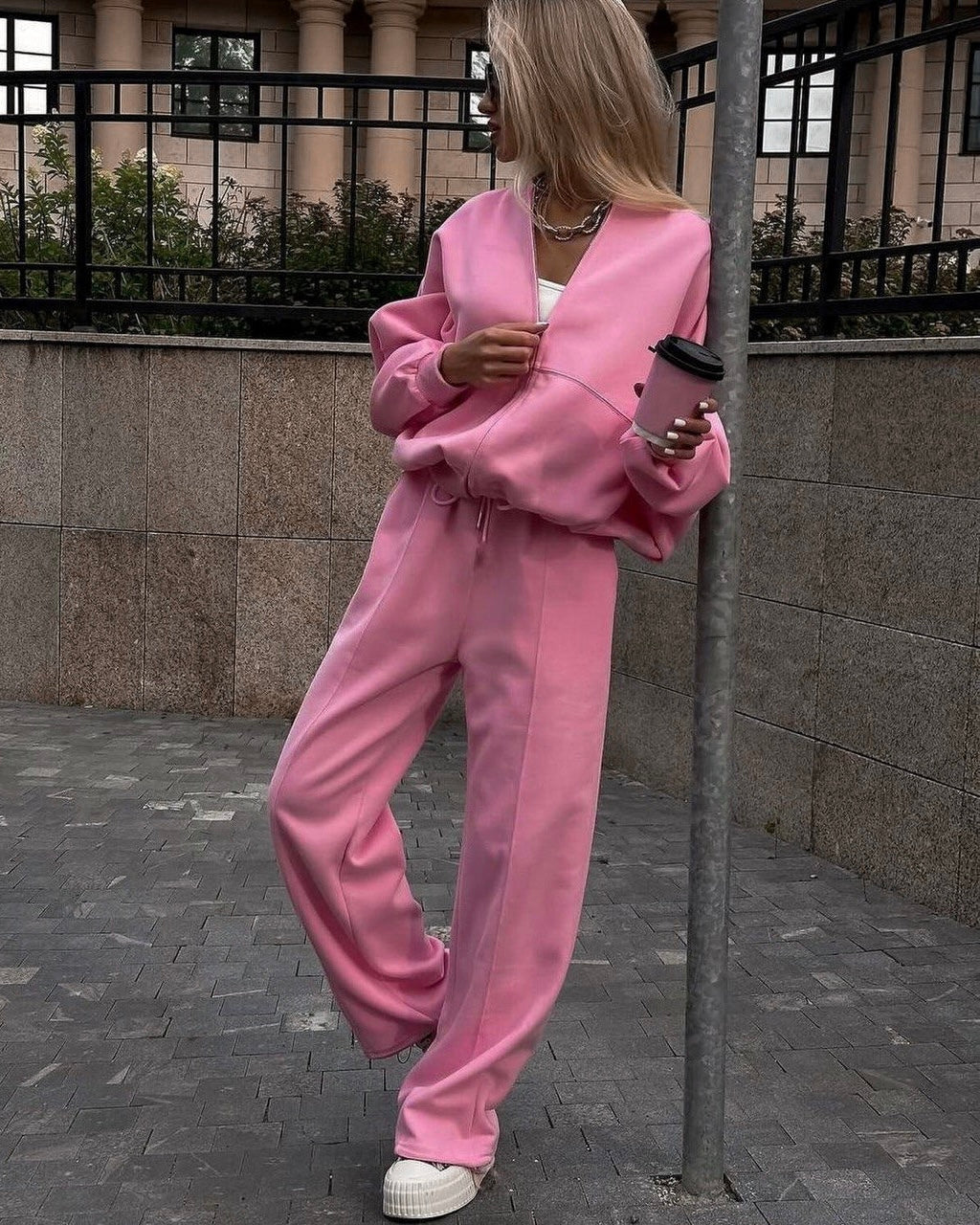 Pink Casual Loose Tracksuit