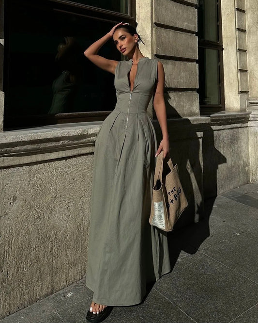 Elegant Muted Green Zip Dress | فستان زيتي أنيق بسحّاب أمامي