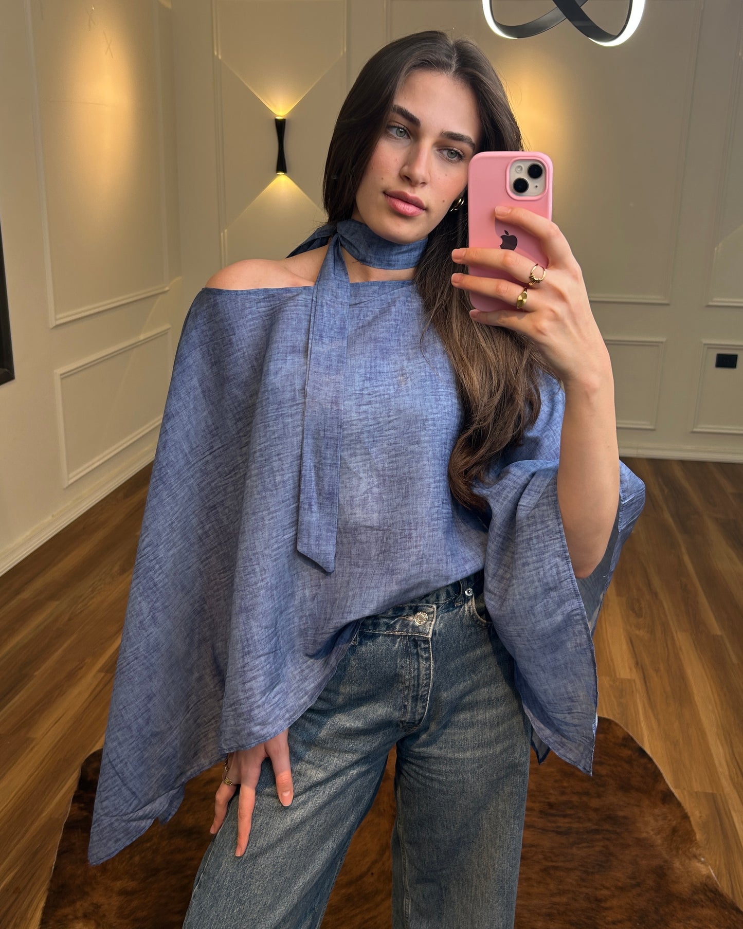 Blue Flowy Cape Top | بلوزة كاب انسيابية باللون الأزرق