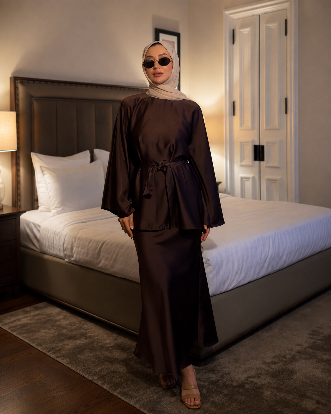 Elegant Chocolate Brown Satin Two-Piece Maxi Skirt Set with Tie Waist | طقم ساتان بني شوكولاتة أنيق بلوزة بربطة خصر وأكمام واسعة مع تنورة ماكسي