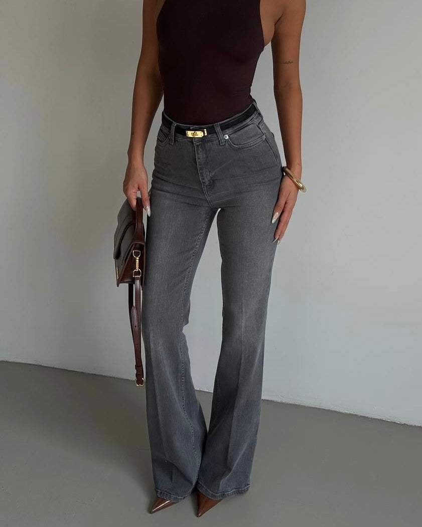 Grey High-Waist Flared Denim Jeans | جينز شارلستون رمادي بخصر عالٍ