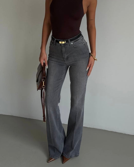 Grey High-Waist Flared Denim Jeans | جينز شارلستون رمادي بخصر عالٍ