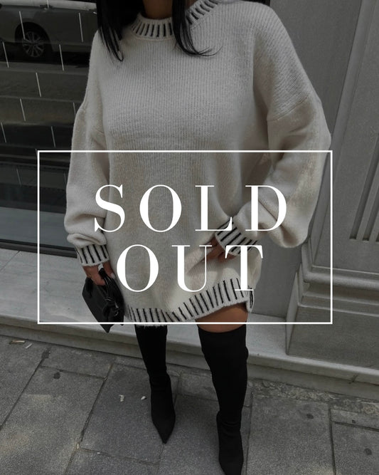 Oversized Cream Knit Sweater With Black Trim Detailing