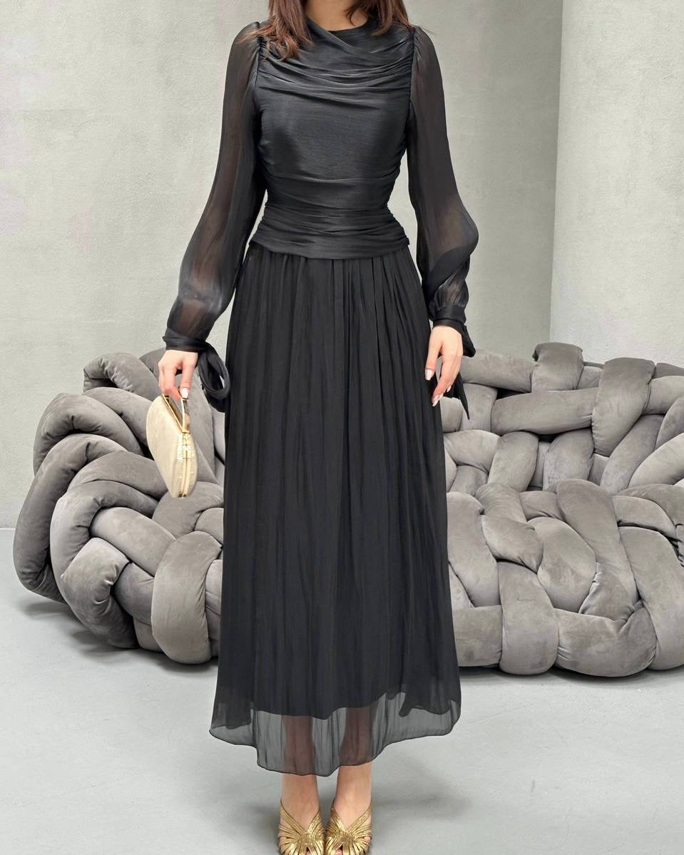 Elegant Black Ruched Chiffon Maxi Dress with Sheer Sleeves | فستان اسود أنيق بكسرات على الخصر