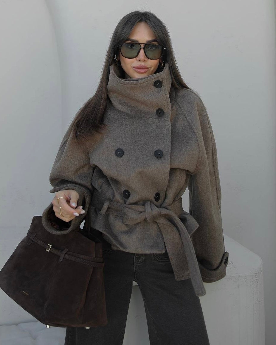 Elegant Taupe Oversized Double-Breasted Belted Wool Coat | معطف صوف تاوب واسع وأنيق بحزام وأزرار