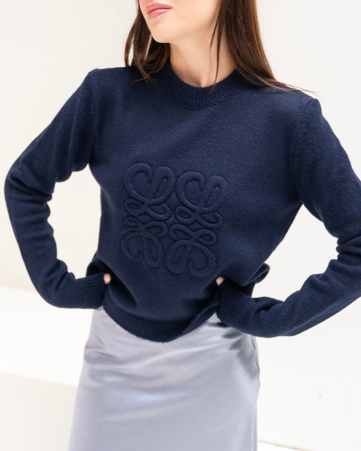 Navy Blue Embossed Patterned Knitwear Sweater