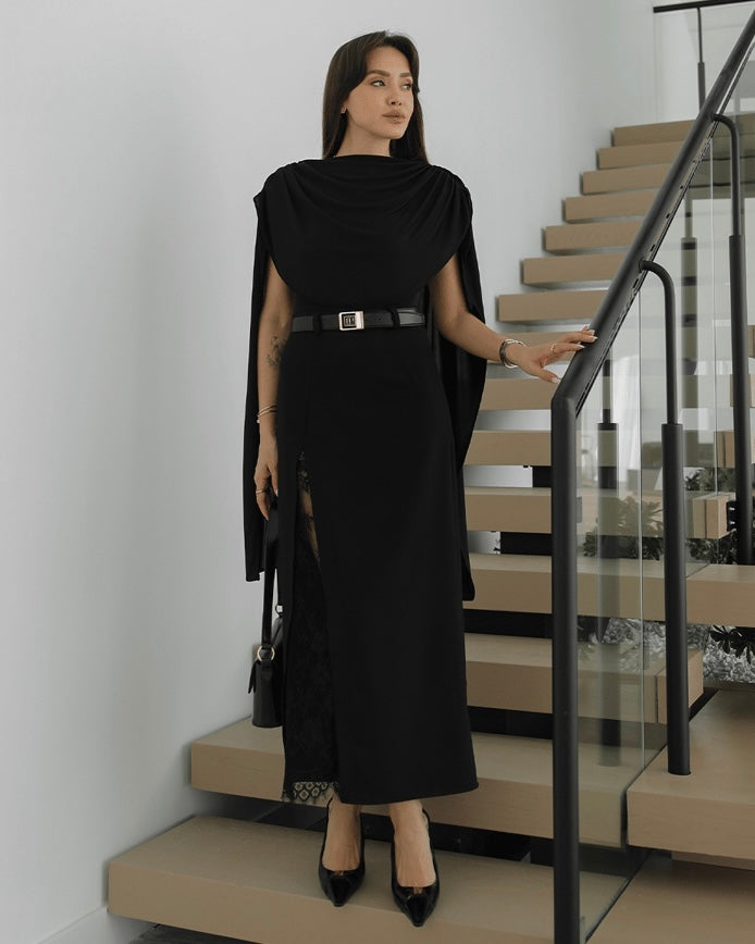 Elegant Black Midi Skirt with Lace Panel Detail | تنورة ميدي سوداء أنيقة بتفاصيل دانتيل