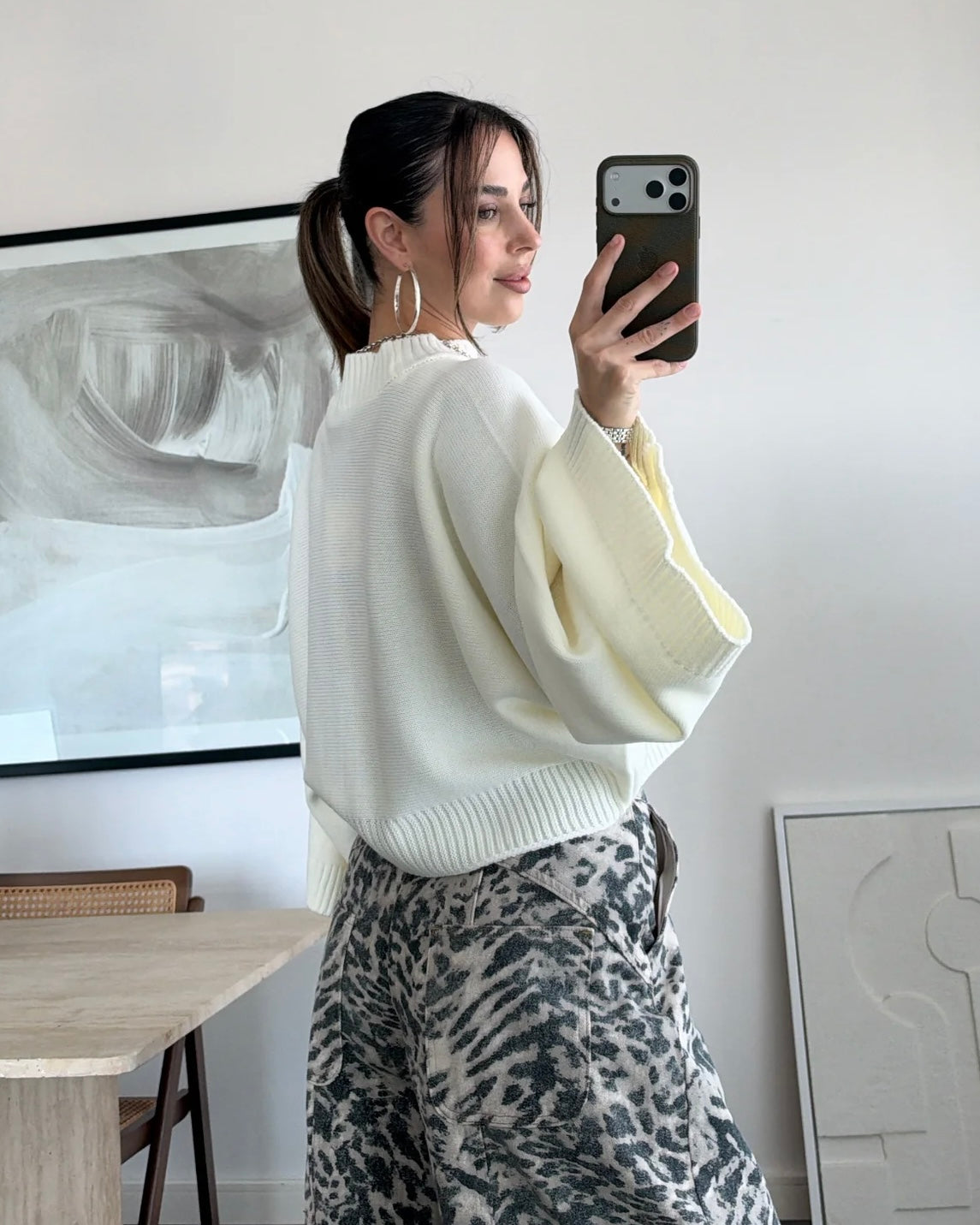White Oversized Knit Mock Neck Sweater with Wide Sleeves | بلوزة بيضة بقصّة أوفرسايز وأكمام واسعة