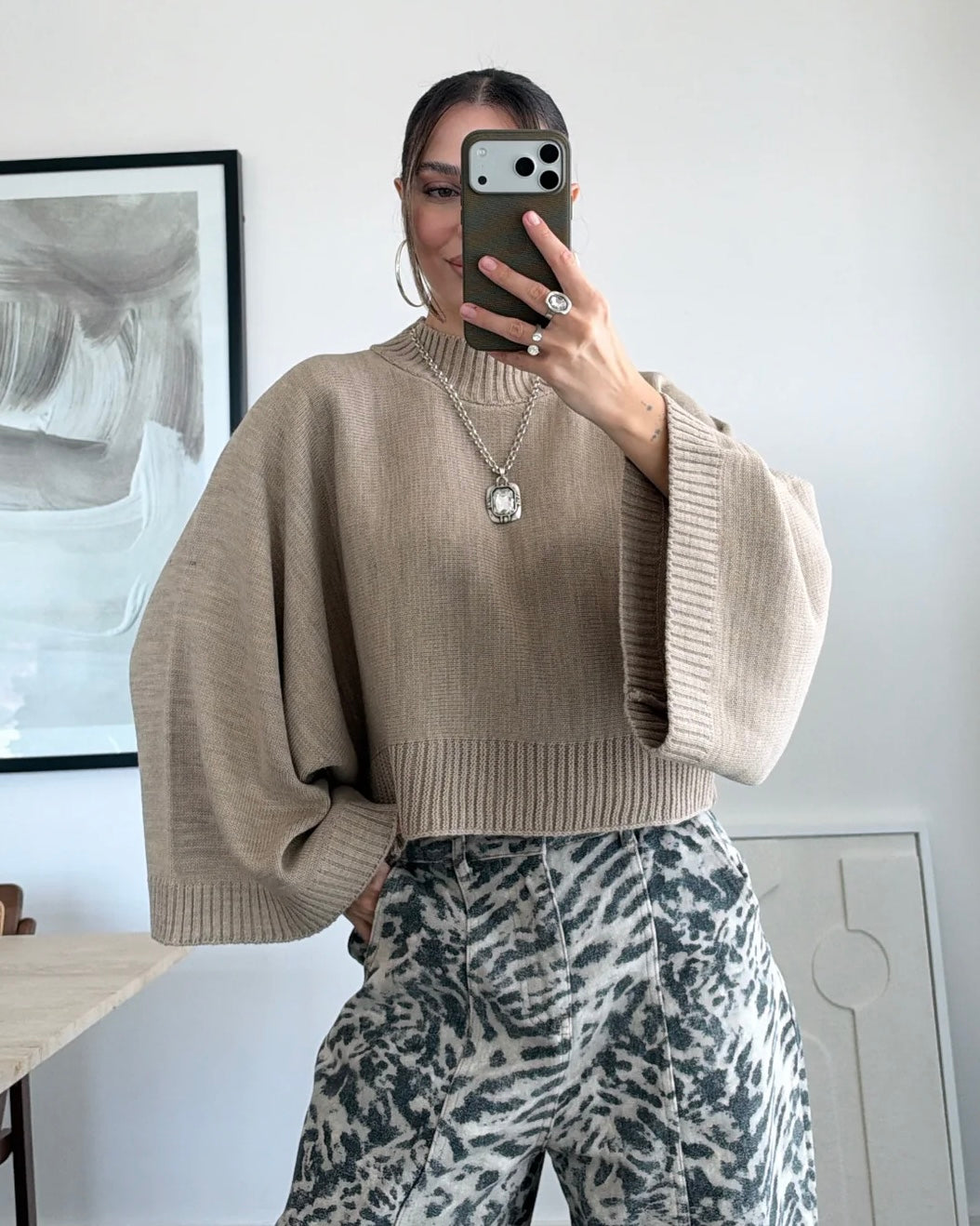 Oversized Knit Mock Neck Sweater with Wide Sleeves | بلوزة بقصّة أوفرسايز وأكمام واسعة