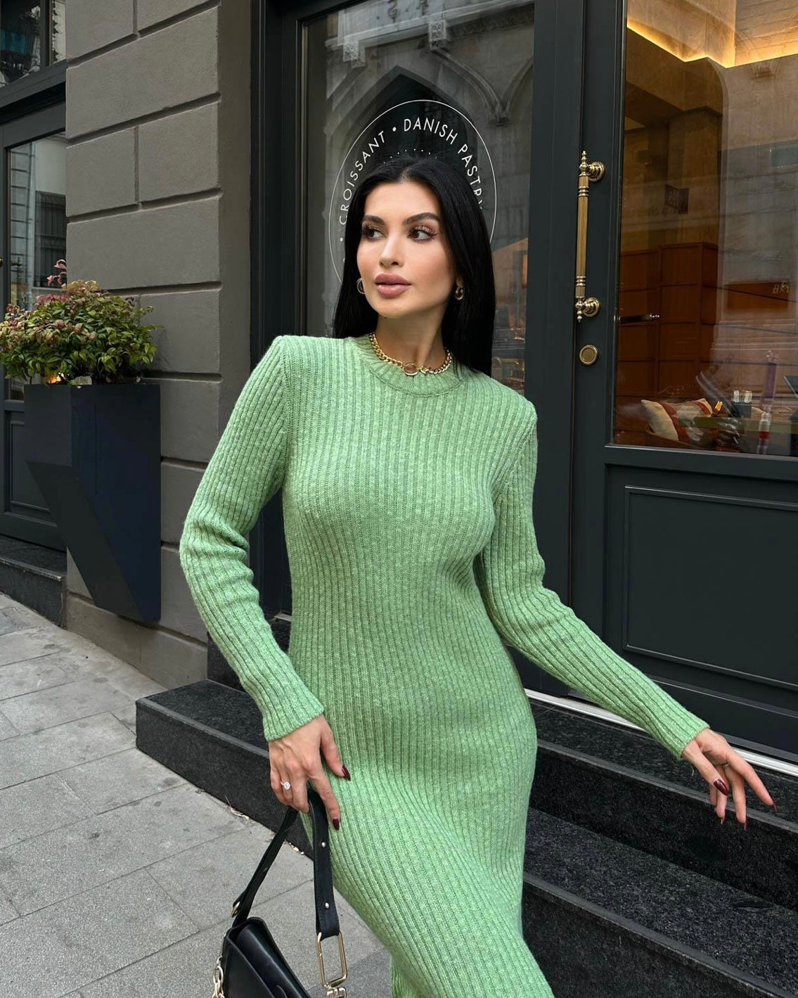 Green Knit Long Sleeve Dress