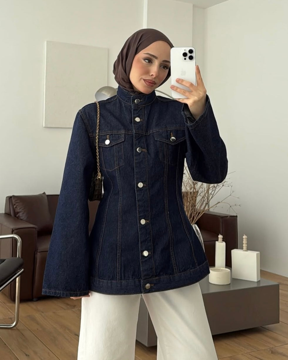Dark Indigo Structured Denim Jacket | جاكيت جينز داكن بياقة عالية وأكمام واسعة
