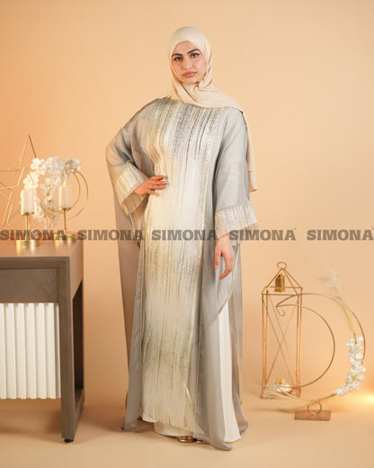 ‏Luxurious Gray Kaftan with Vertical Stripes in Silver & Gold