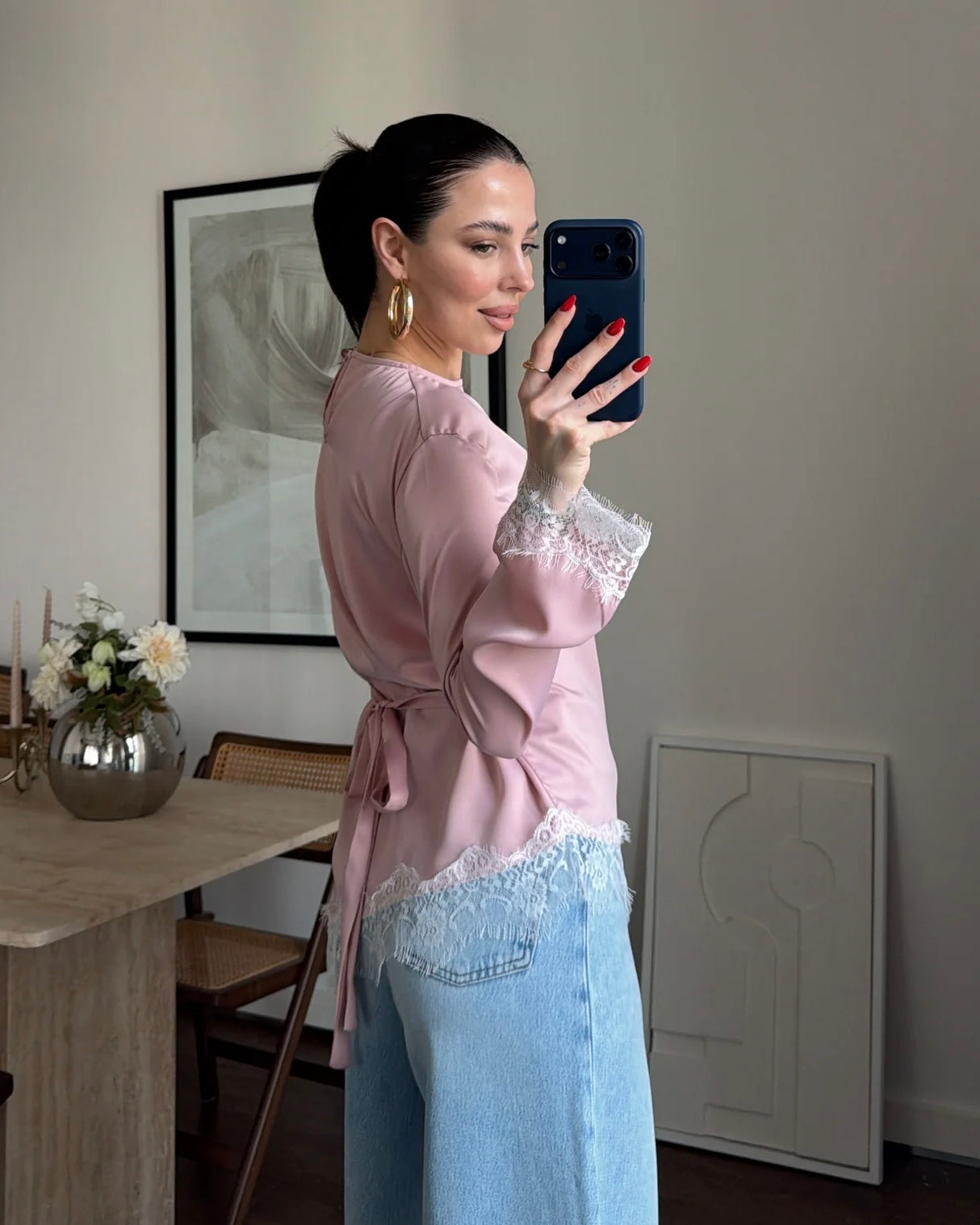 Elegant Pink Satin Blouse with Lace Trim | بلوزة ساتان زهر أنيقة بتفاصيل دانتيل