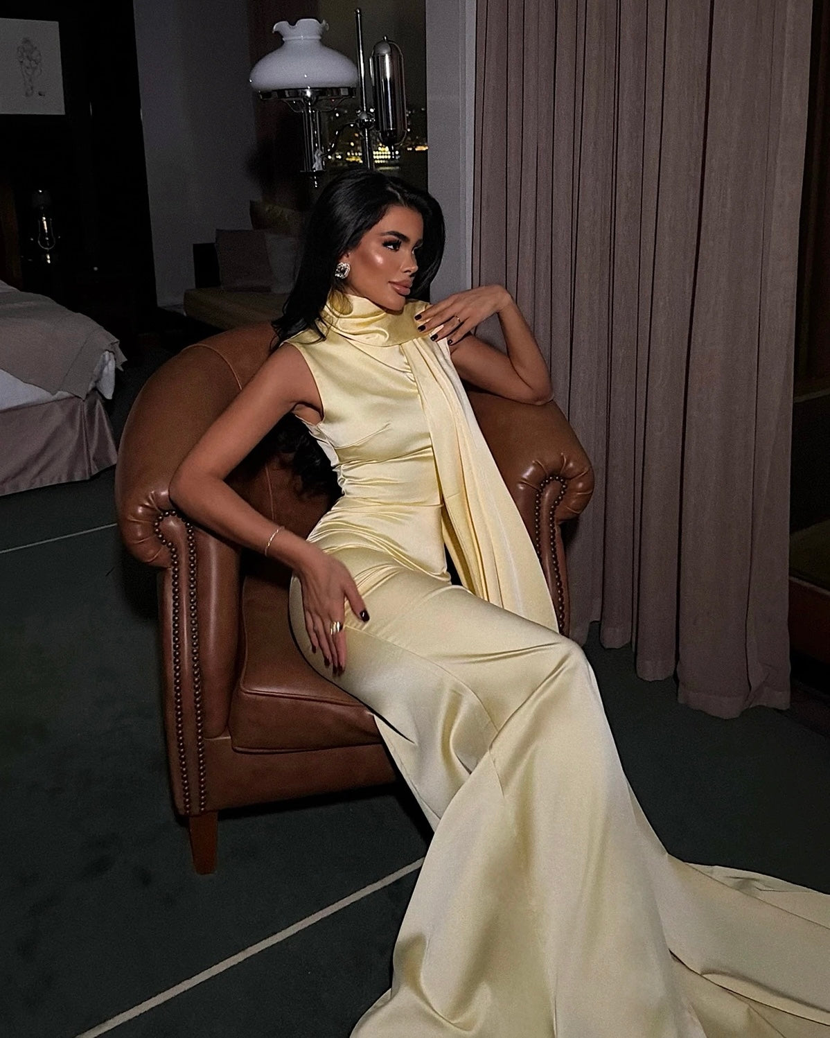 Elegant Yellow Satin Dress with Draped Scarf | فستان ساتان اصفر بقصة ضيقة مع شال منسدل