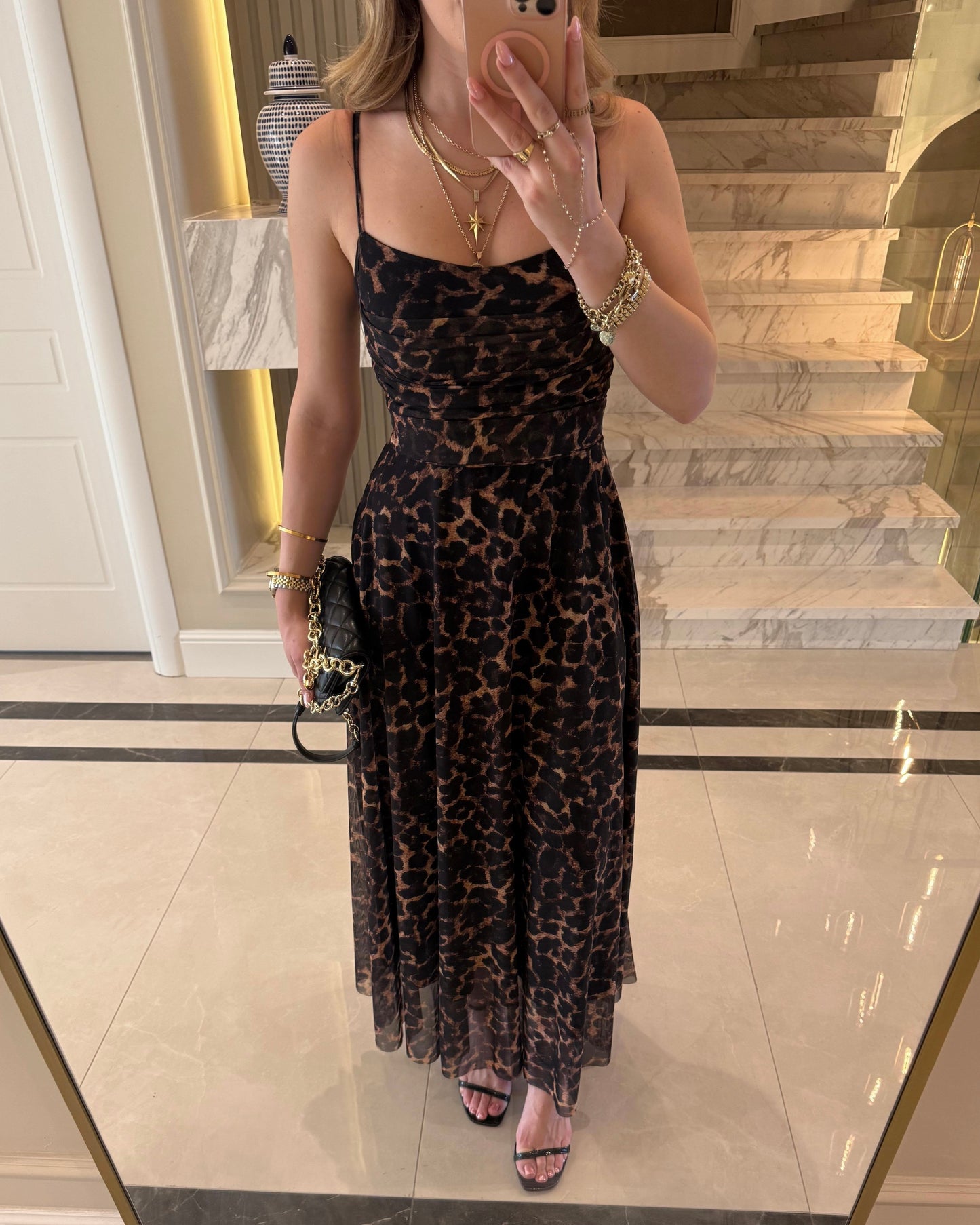 Elegant Leopard Print Mesh Maxi Dress | فستان ماكسي أنيق بنقشة ليوبارد