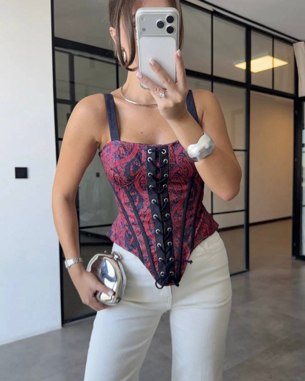 Paisley Lace-Up Corset Top | كورسيه بنقشة بيزلي ورباط أمامي