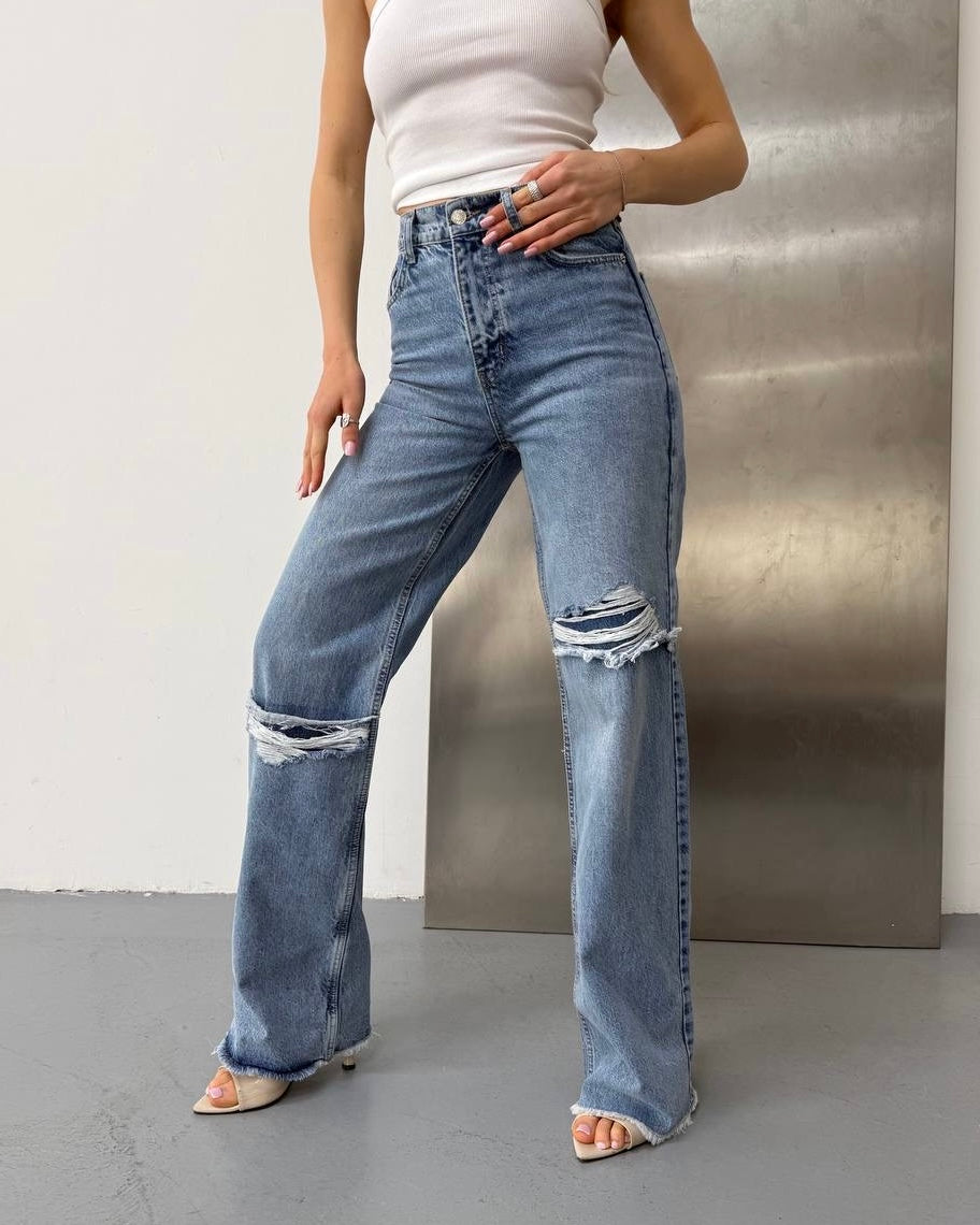 Light Wash Distressed Wide-Leg Lined Jeans | جينز واسع ممزق مبطن