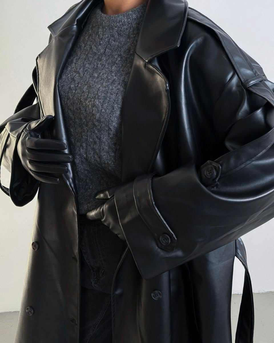 Black Leather Trench Coat | جاكيت جلد أسود ترنش