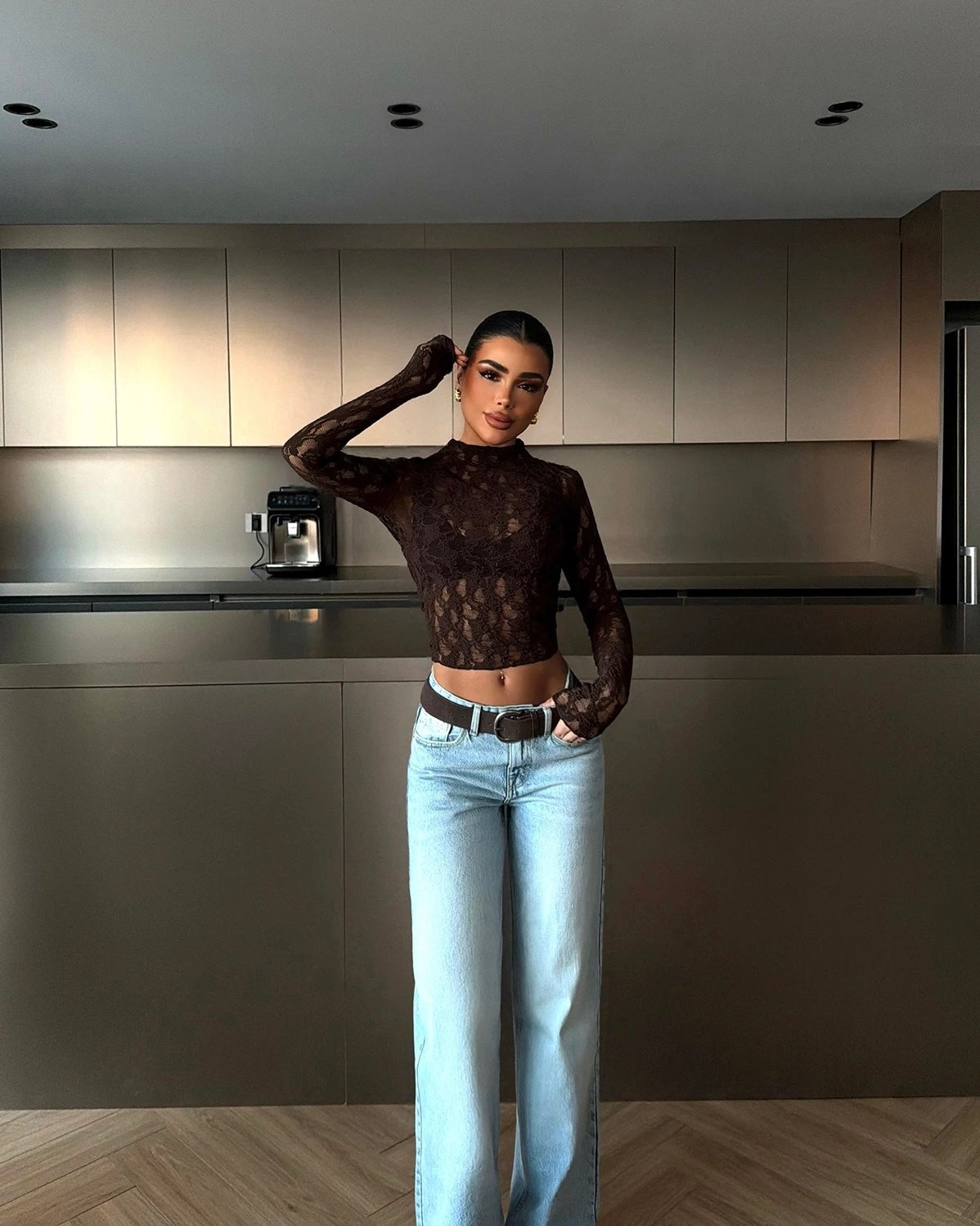 Dark Brown Lace Transparent Top | توب دانتيل شفاف باللون البني