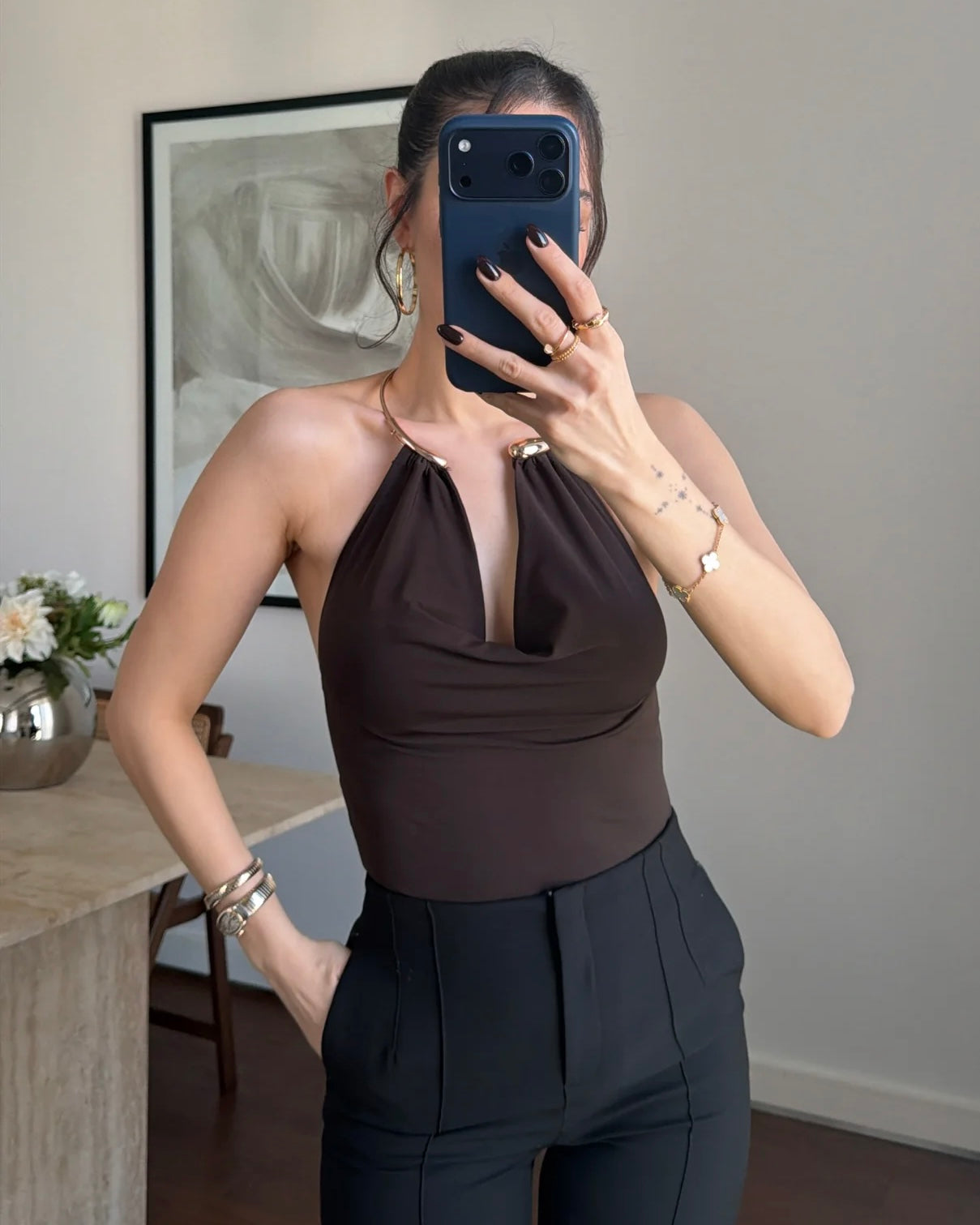 Elegant Brown Halter Neck Top with Gold Hardware Detail | توب بني أنيق بياقة هالتر وتفصيلة معدنية ذهبية