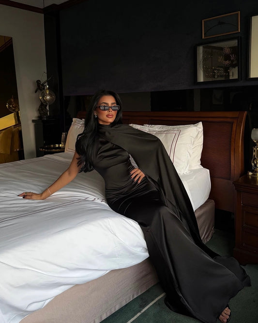 Elegant Black Satin Dress with Draped Scarf | فستان ساتان اسود بقصة ضيقة مع شال منسدل