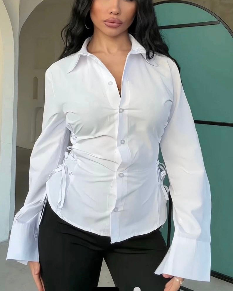 White fitted shirt with side tie | قميص أبيض مخصر مع رباط جانبي