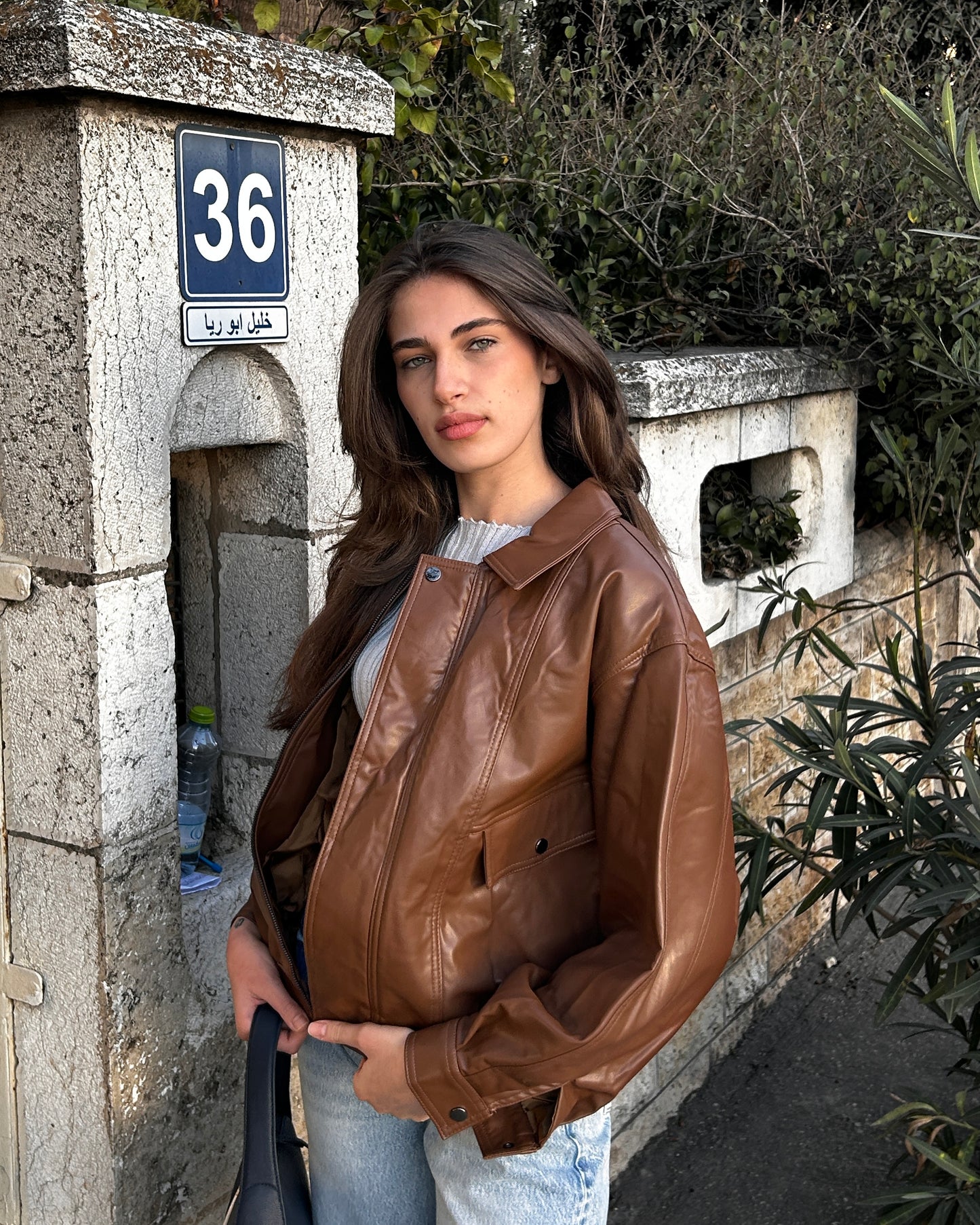 Dark Brown Oversized Structured Leather Jacket | جاكيت جلد واسع بلون البني الداكن